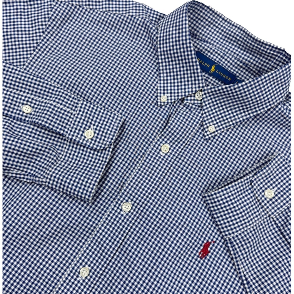Ralph Lauren Shirt Men Large Blue Button Up Gingham Check Poplin Red Pony Dress